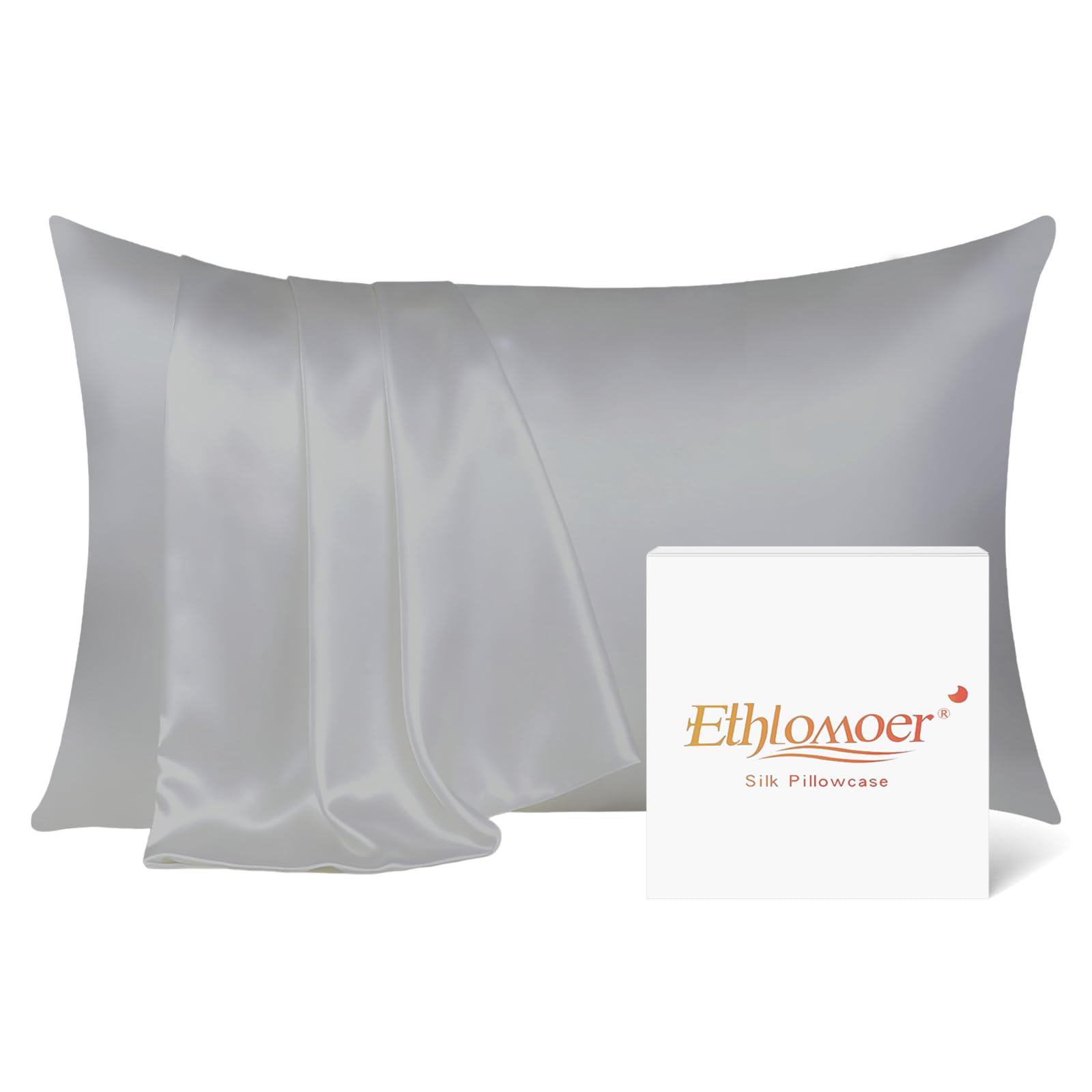 Ethlomoer Natural Pure Silk Pillowcase for Hair and Skin, Both Side 19mm, Hypoallergenic, 600 Thread Count, Smooth Silk Pillow case with Hidden Zipper, Gifts for Women Men, 50x75 cm (Silver)