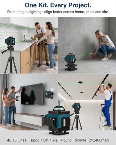 Laser Level, Self Leveling Laser Level 4D 16 Line 360° Green, Tripod & Wall Mount, Remote, Lift Platform, 2×2400mAh, IP54, ±0.2mm/10m