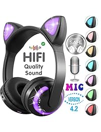 GBD   Auriculares de diadema para niños y niñas, para regalo de cumpleaños, con Bluetooth, inalámbrico, con micrófono, luz LED, recargable por USB, para teléfono, tableta, teléfono o escuela
