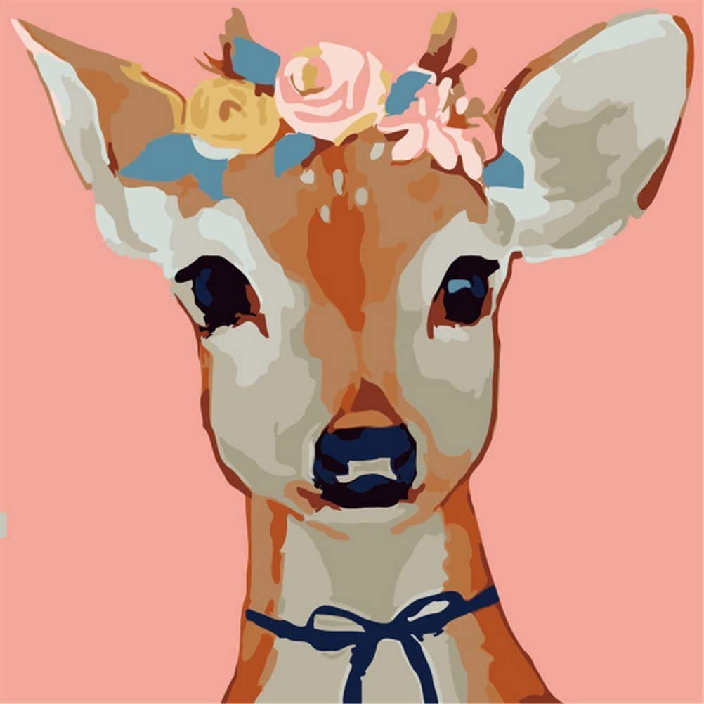 YEESAM ART Paint by Numbers Framed for Adults Beginner Junior, Deer Fawn Wearing Flowers 8x12 Inch Linen Canvas Acrylic DIY Number Painting Kits Gifts (Deer)