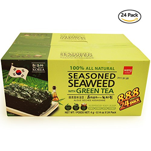 Roasted Seaweed with Green Tea Snack Strips, Lightly Salted and Seasoned [100% All Natural] with Olive Oil, Gluten Free! No MSG Vegan Friendly (Pack of 24)