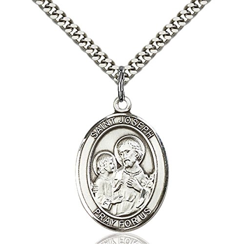 Sterling Silver St. Joseph Pendant 1 x 3/4 inches with Heavy Curb Chain