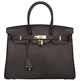 Ainifeel Women's Genuine Leather Padlock Handbags With Gold Hardware (35 cm, Black with hotpink lining stitched black)