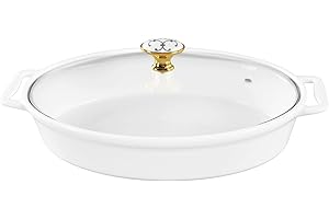 jinsongdafa 10" x 7" Ceramic Oval Casserole Dish with Glass Lid, 30 Ounce White Serving Soup Tureen,Chafing Dish for Buffet, 