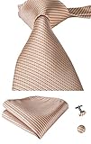 Hi-Tie Mens Beige Gold Plaid Silk Tie Hanky Cufflinks set