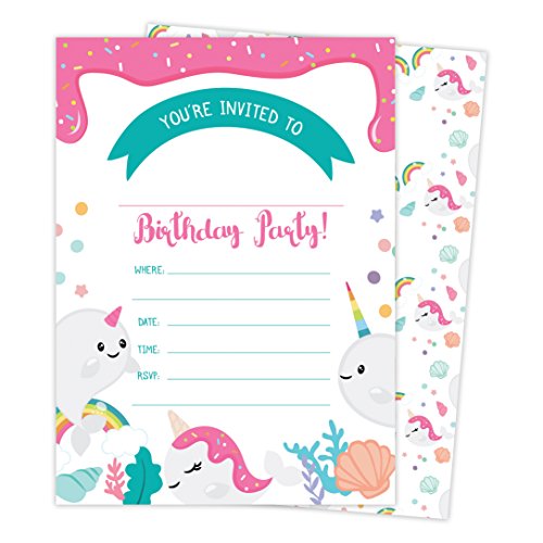 Narwhals Happy Birthday Invitations Invite Cards (25 Count) With Envelopes & Seal Stickers Boys Girls Kids Party