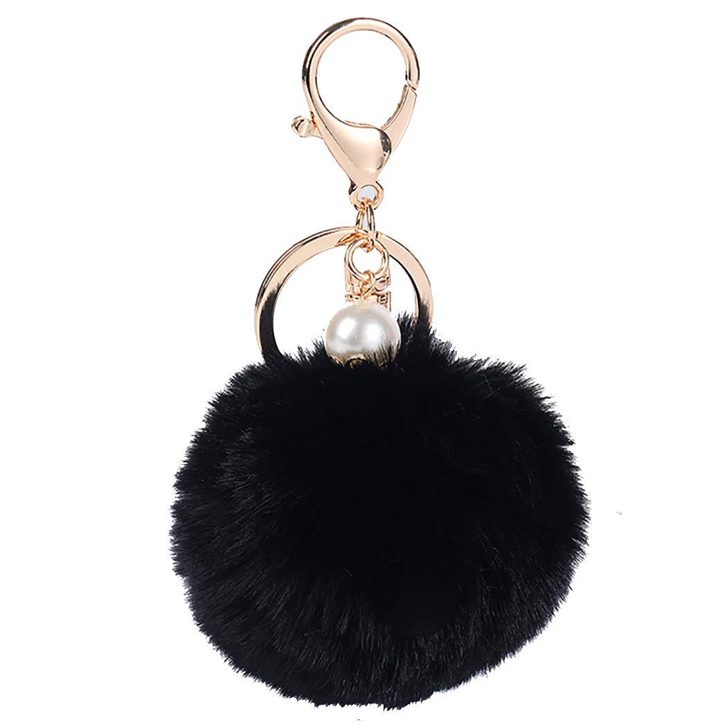 Shining crown Black Pom Pom Keychain Women Lady Girl Fluffy Fur Ball Pearl Keyring