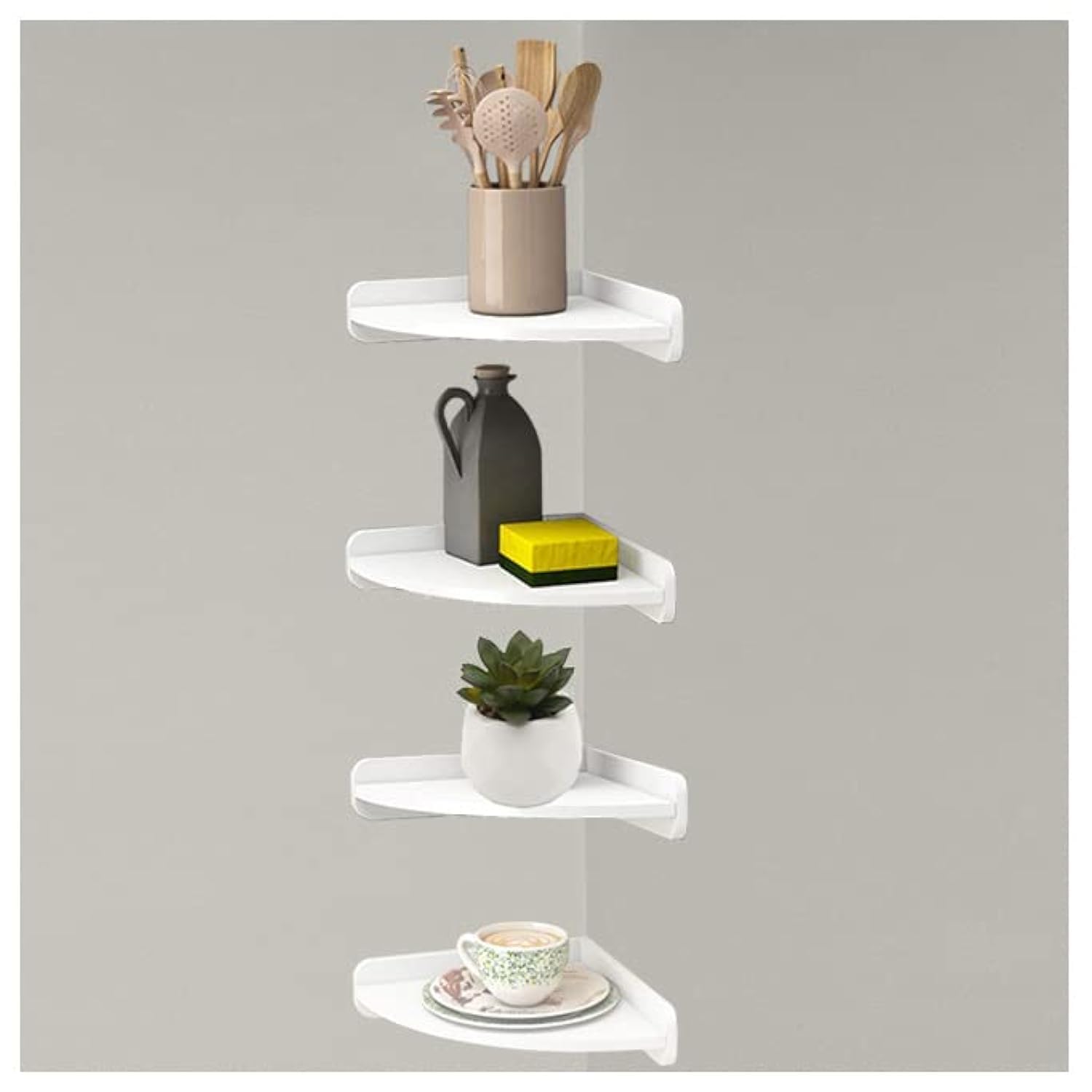 White Corner Shelf, 4 Tier Floating Wall Shelves Wall Mounted No Drilling Corner Stand Kitchen Bedroom, Living Room, Bathroom (L)