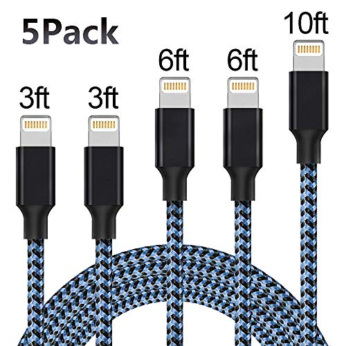 5 Pack (3ft, 3ft, 6ft, 6ft, 10ft) Extra Long Nylon Braided Charging Cable Cord to USB Charger Compatible with Phone X/8/7/6/6s/plus/5s/5c/5,Blue with Black