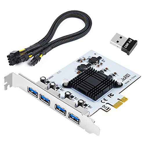 QNINE 4 Ports PCIe USB 3.0 Card, USB 3.0 PCIe Expansion Card for Mac Pro, Windows and Linux, Include Dual Mini 6 Pin to 8 Pin PCIe Video Card Power Adapter Cable and USB Bluetooth 4.0 Adapter