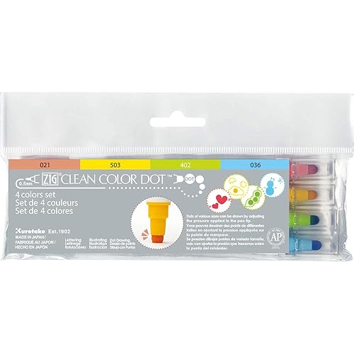 Kuretake CLEAN COLOR DOT Dual tip markers 4 colors set, 0.5mm fine tip and a flexible dot tip, for Journals, Crafts, Illustration, Lettering, Planners, for Adult, Kids, Made in Japan