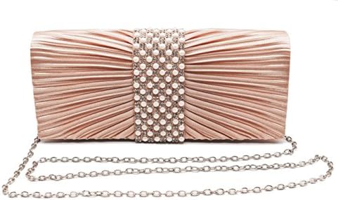 Womens Satin Clutch with Pearl and Diamond Evening Handbag for Party Cocktail Wedding Purse Wallet Bag