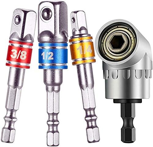 Impact Grade Socket Wrench Adapter Extension Set,3Pcs Hex Socket Adapter Bit+105° Right Angle Drill Attachment Bit Extension 1/4-inch Hex Drive Drill Bit Power Socket Screwdriver Set Holder Adaptor