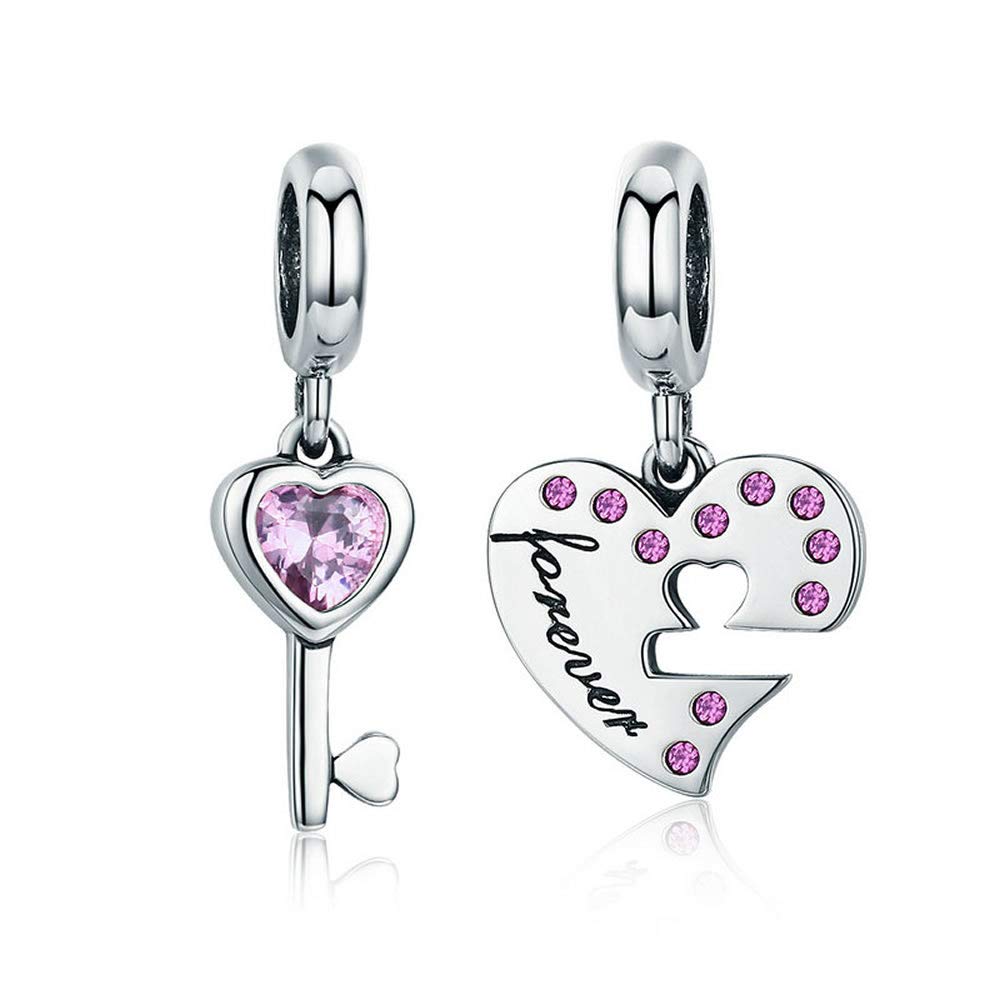 Bijoux Blu Silver Lock Heart Pink Romantic 925 Sterling Silver Lock Key of Heart Pink CZ Charm Pendant fit Charm Bracelet Jewellery Girlfriend Gift