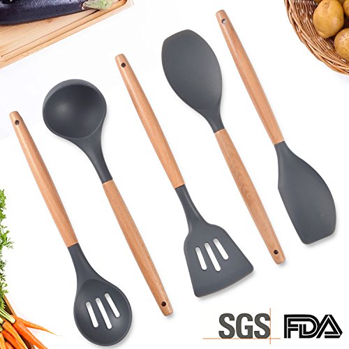 SAVORLIVING Silicone Kitchen Utensil 5 Pieces Set with Wooden Handle, Cooking Tools including Spatula,Turner, Soup Ladle, Serving Spoon,Slotted Spoon, 7.9 inches , Grey