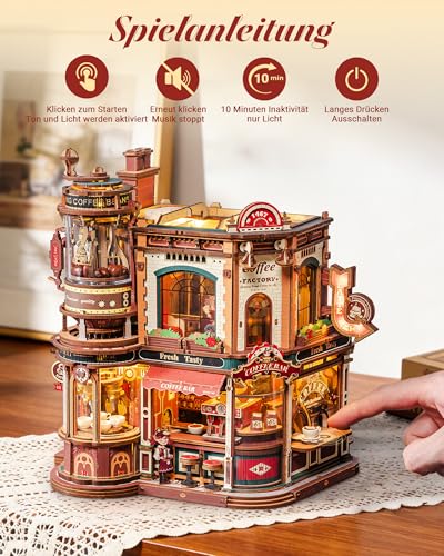 ROKR Dream Coffee Factory EAB02 DIY Miniature Dollhouse Music Box for Adults, Mechanical Coffee Factory Model with Moving Parts, LED Lighting and Jazz Music, Creative Gift