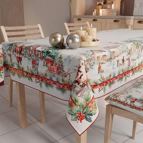 PETTI Artigiani Italiani - Christmas Tablecloth Stain Resistant Rectangular Table Cover for Kitchen, Santas Land Design, 140x360 cm, 100% Made in Italy