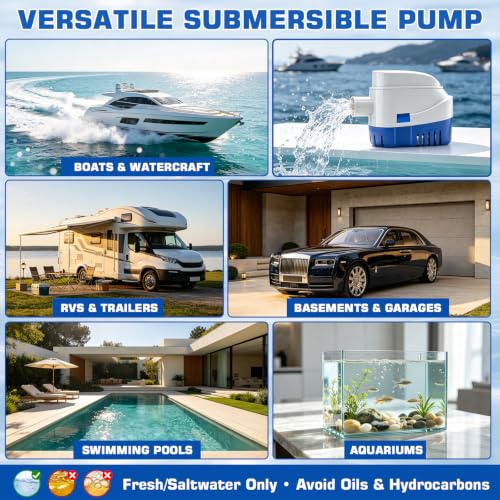 KAOLALI Automatic Bilge Pump 12 V 1100GPH, 29 mm, Marine, Submersible | Electric Floating Switch for Boats, Boats, Ponds, Pools, Yachts