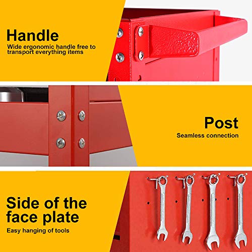 Rolling Tool Cart, 3 Trays Service Tool Cart with Lockable Drawer, Multifunctional Tool Cart, Utility Cart, Mobile Storage Cabinet, Tool Storage Organizer (red)