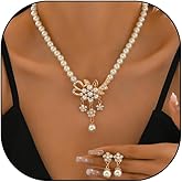 Quivox Pearl Beaded Flower Crystal Jewelry Set for Women,Dainty Bling Sparkling Rhinestone Floral Cluster Pearl Necklace Dangle Earrings for Wedding Birdes