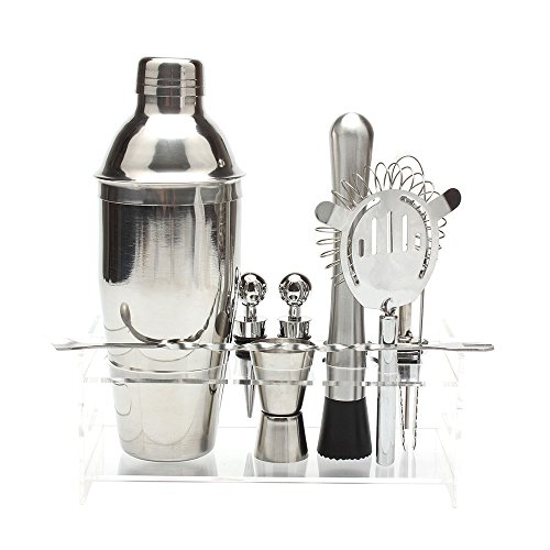 Fenleo Cocktail Shaker Set Bartender Kit with Acrylic Base by 18.8 oz Stainless Steel Shaker, Strainer,Muddler, Mixing Spoon,Ice Tongs, Jigger, 2 Liquor pourers,2 Wine stopper