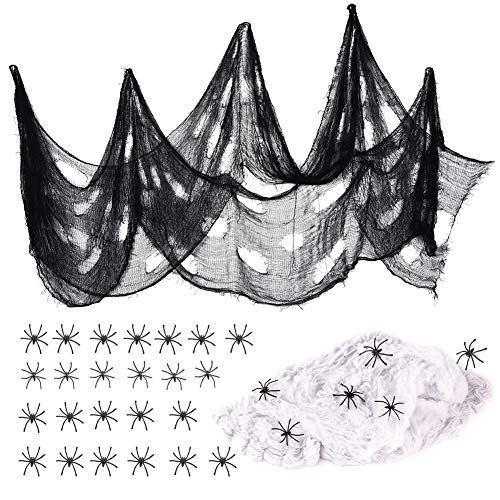VGOODALL Halloween Spinnennetz Deko Set, Schwarz Spitze Spinnweben Dekoration mit 30 Spinnen für Karneval Halloween Kamin Fenster Tisch Tür Dekostoff
