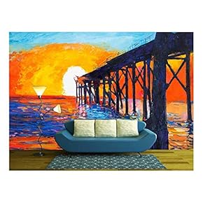 Original Oil Painting of Jetty(Pier) or Quay on Canvas.Rich Golden Sunset Over Ocean.Modern Impressionism - Removable Wall Mural | Self-Adhesive Large Wallpaper - 66x96 inches
