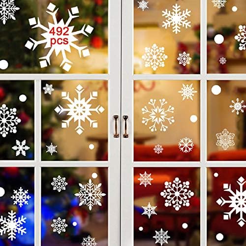 SUC 492PCS Christmas Snowflake Window Clings Removable Snow Stickers