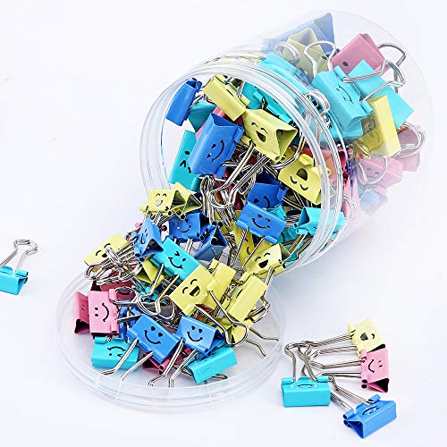 Binder Clips, Limque Paper Clips,Paper Clamps with Colored Cute Hollow Smiling Face,60 Pcs Assorted Size Clips, for Office,Teacher Gifts and Kitchen
