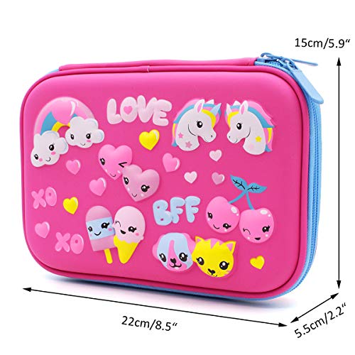 Cute Unicorn Love Embossed Hardtop Pencil Case - Girls School Supply Stationery Organizer - Large Capacity Kids Pen Box Pouch Bag with Compartment (Hot Pink)