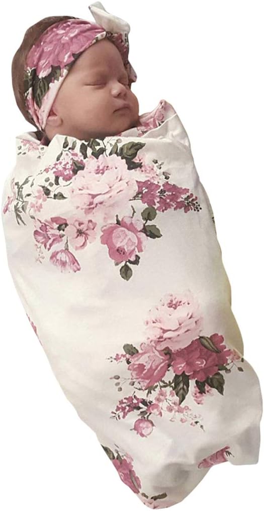 Infant Baby Summer Floral Receiving Blankets Coming Home Outfit Girls Sleeping Bag Swaddle Blanket with Headband Set