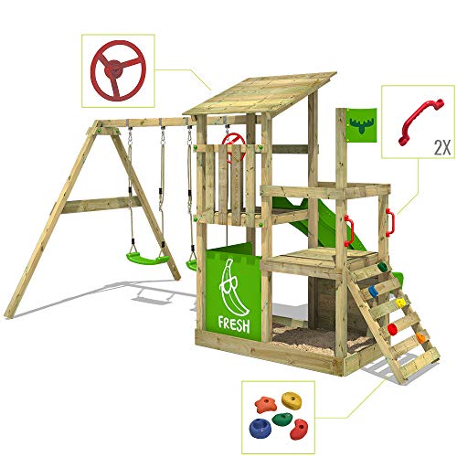 FATMOOSE Spielturm Klettergerüst FruityForest Fun XXL mit Schaukel & apfelgrüner Rutsche, Outdoor Kinder Kletterturm mit Sandkasten, Leiter & Spiel-Zubehör für den Garten – Bild 4