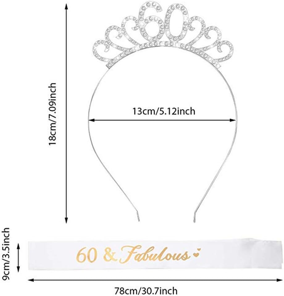 Suithink 60th Birthday Tiara and Sash, 60 Fabulous Glitter Satin Sash and Crystal Tiara Crown for Women 60th Party Decorations - Image 3
