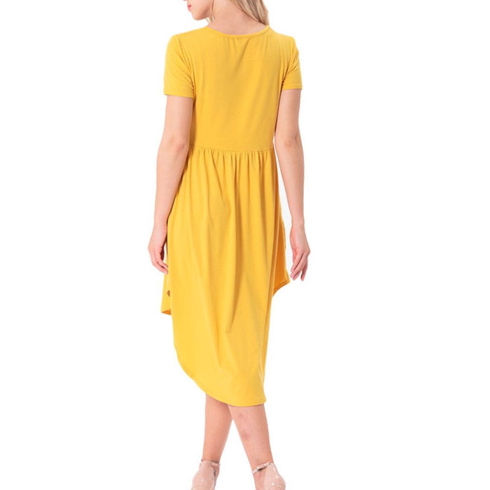 ENJOYNIGHT Women's Casual Summer Short Sleeve High Low Pleated Swing Loose Flared Midi Dress (Large, Yellow)
