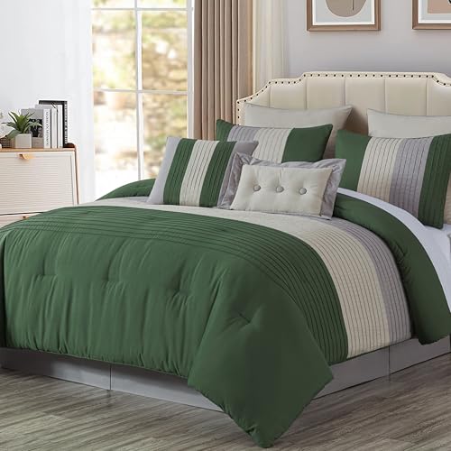 Chezmoi Collection Loft 8-Piece Queen Comforter Set, Forest Green/Gray/Cream Lu…