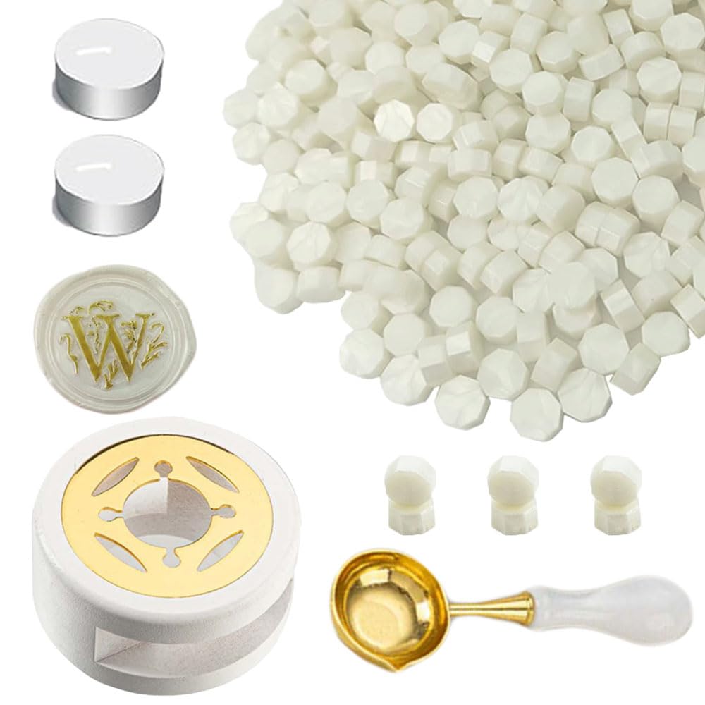 Ioggtser Wax Seal Beads Kit - 450PCS Pearl White Beads, Warmer, Melting Spoon, 2 Candles - for Wedding Envelope Sealing