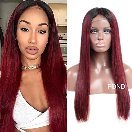 FOND Silky Straight Two Tone Human Hair Lace Front Wigs for Black Women Brazilian Virgin Hair with Baby Hair Ombre Burgundy Color