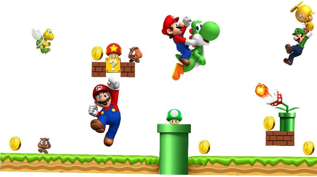 Super mario bros wall sticker boy bedroom wall art large size MARIO LUIGI YOSHI theme game wall decor playroom decor PEEL & STICK