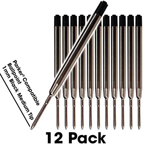 Jaymo - 12 - Black Parker Compatible Ballpoint Pen Refills. Smooth Writing German Ink and Medium Tip. #1782469