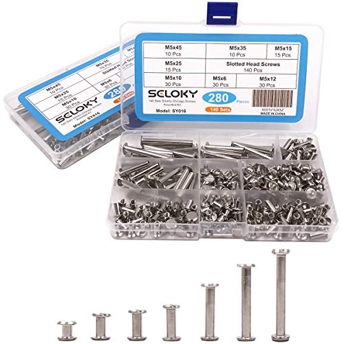 Seloky 140-Set Slotted Chicago Screw Binding Screws Posts Assortment Kit for Scrapbook Photo Albums Binding and Leather Saddles Purses Belt Repair(M5 x 6/10/12/15/25/35/45)