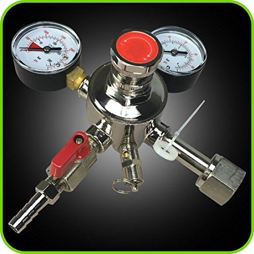 Co2 Beer Regulator Dual Gauge Draft Beer Dispensing Kegerator Heavy Duty 0 to 60 PSI - 0 to 3000 Tank Pressure CGA-320 Inlet Connection with 3/8" O.D. Outlet Barb Features Safety Pressure Relief Valve