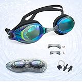 Swim Goggles + Ear and Nose Plugs - 3STN | Professional Athletic Glasses with UV + Leaking Protection, Fogproof, Mirrored for Pool, Outdoor, Triathlon | For Men, Women, Adults, Youth (black)