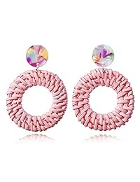 Colorful Woven Rattan Teardrop Round Hoop Earrings Handmade Bohemian Straw Wicker Braid Drop Dangle Summer Beach Jewelry 7 Color