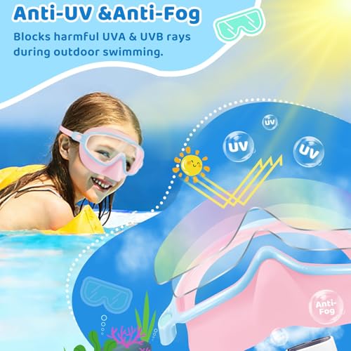 ORCHID M® 2 Pack Kids Swim Goggles with Nose Cover, Wide View Anti-Fog UV Protection Swimming Mask for Boys Girls Ages 3-14