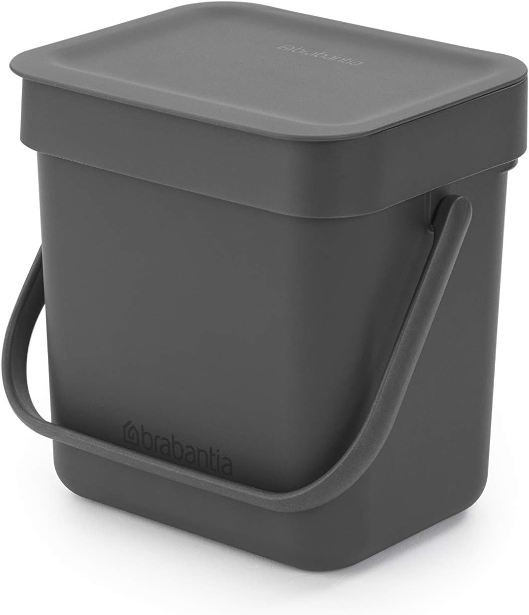 Brabantia Sort & Go Food Waste Bin 3L (Grey), Space-Efficient Plastic Recycle Bin with Handle, Removable and Stay-Open Lid, Easy to Clean Kitchen Compost Caddy without Nooks and Rims