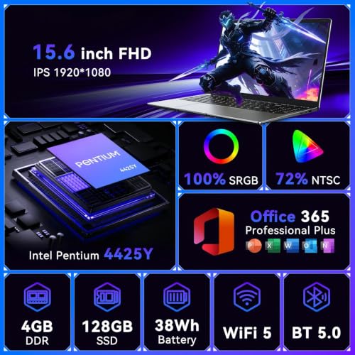 XWU 15.6 Inch Laptop, 4425Y Processor, 4GB RAM, 128GB SSD, 1920x1080 Full HD 100% sRGB, Wi-Fi 5 Dual Band, Bluetooth 5.0
