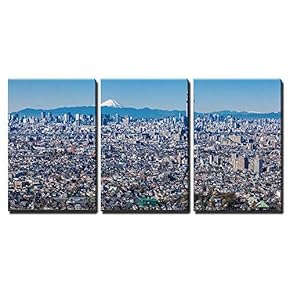 3 Piece Canvas Wall Art - Tokyo City View with Tokyo Sky Tree and Mountain Fuji - Modern Home Art Stretched and Framed Ready to Hang - 16"x24"x3 Panels