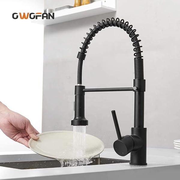 OWOFAN MATTE BLACK KITCHEN FAUCET WITH PULL DOWN SPRAYER – COMMERCIAL SINGLE HANDLE SPRING KITCHEN SINK FAUCETS, MODERN HIGH ARC LAUNDRY UTILITY FAUCET, 1 OR 3 HOLE DECK PLATE INCLUDED 9009R