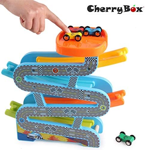 CherryBox Premium Wooden Ramp Race Track Car Set Toy - Includes Set of 4 Cars (Multicolor)