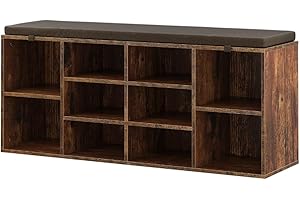 TJYGO Shoe Storage Bench, 10 Cubbies Storage Rack Bench with Padded Seat, Space Saving Shoe Shelf for Entryway, Living Room, Hallway, Bedroom (Brown)